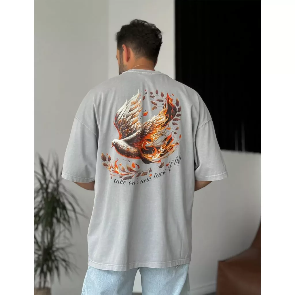 تیشرت رسپایرrespire مردانه -سنگشور طرح پرنده fire bird  -طوسی