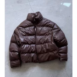 کاپشن چرم پفی برند GSTO رنگ قهوه ای