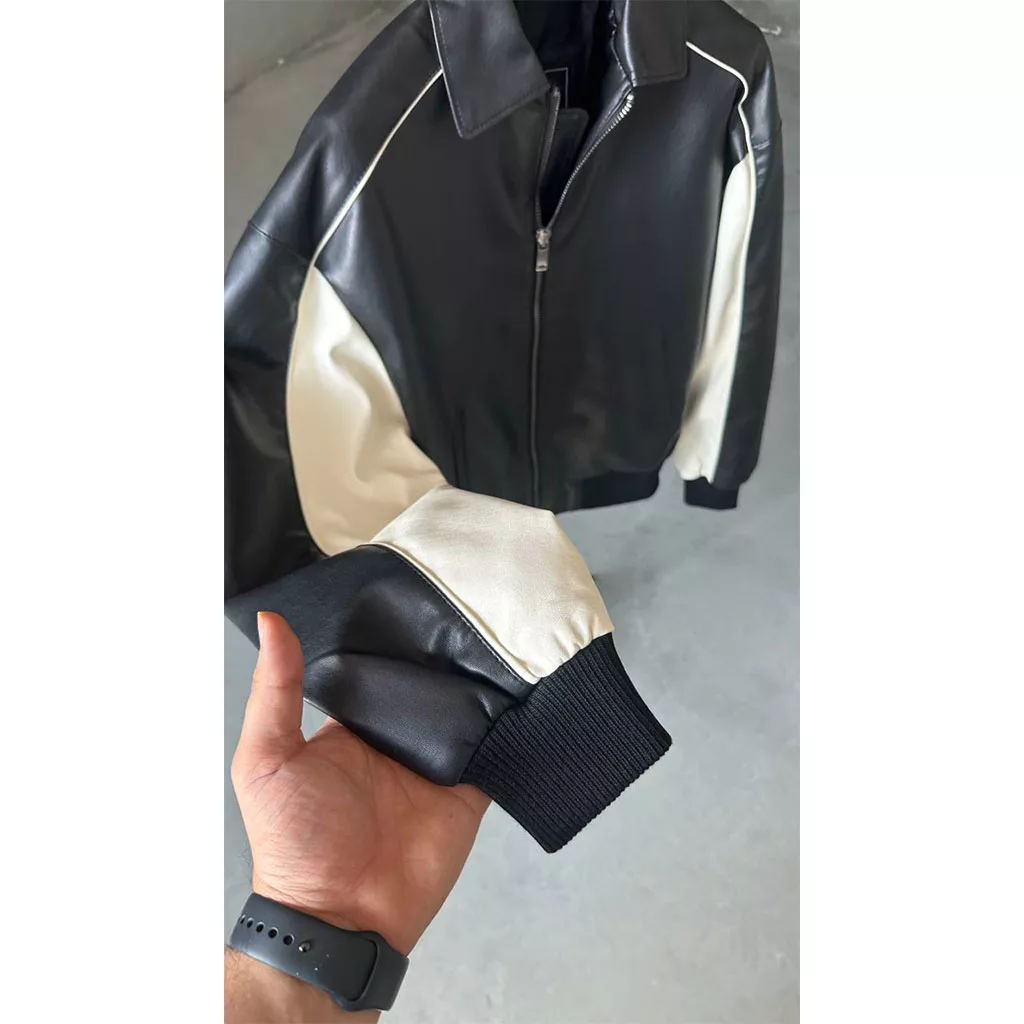 کت چرم آستین سفید 01 برند negro رنگ سفید_مشکی