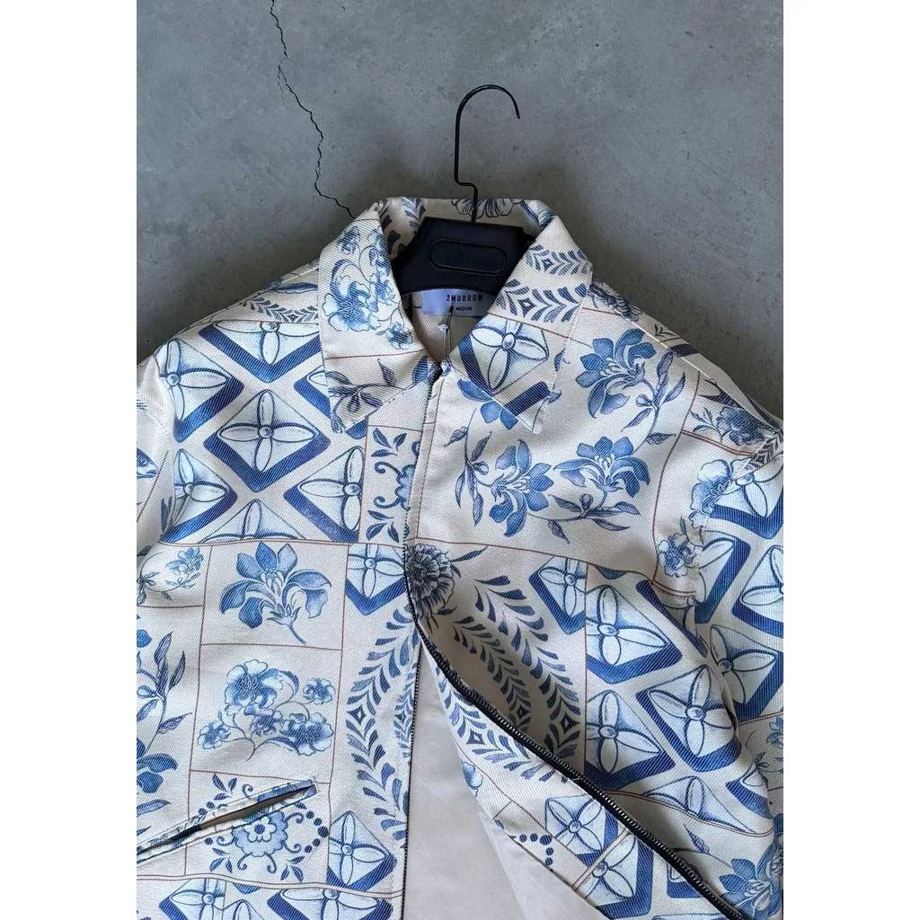 جکت طرح گل آبی برند تومارو رنگ کرم-آبی