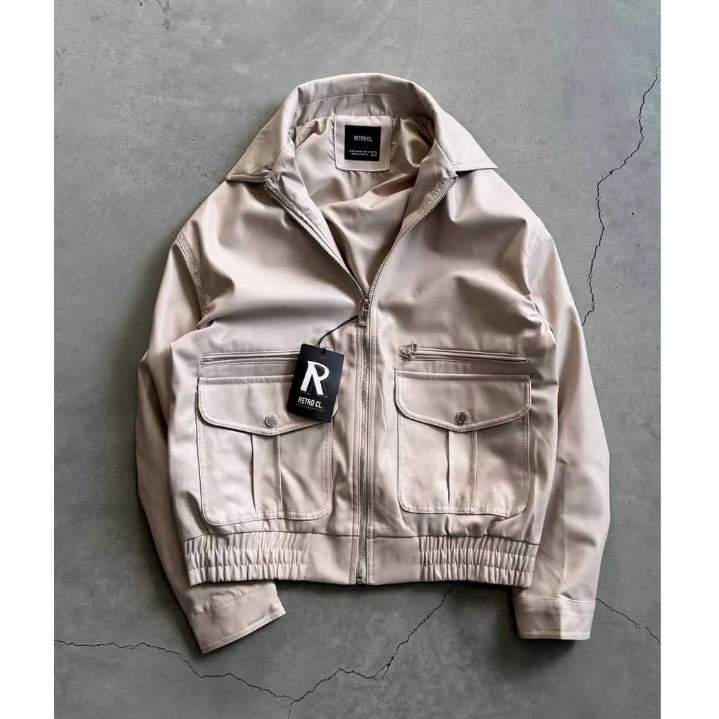 جکت چرم جیب پاکتی برند رترو رنگ کرم