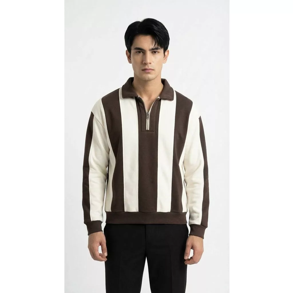 دورس رینگر نیم زیپ برند رترو رنگ سفید_قهوه ای