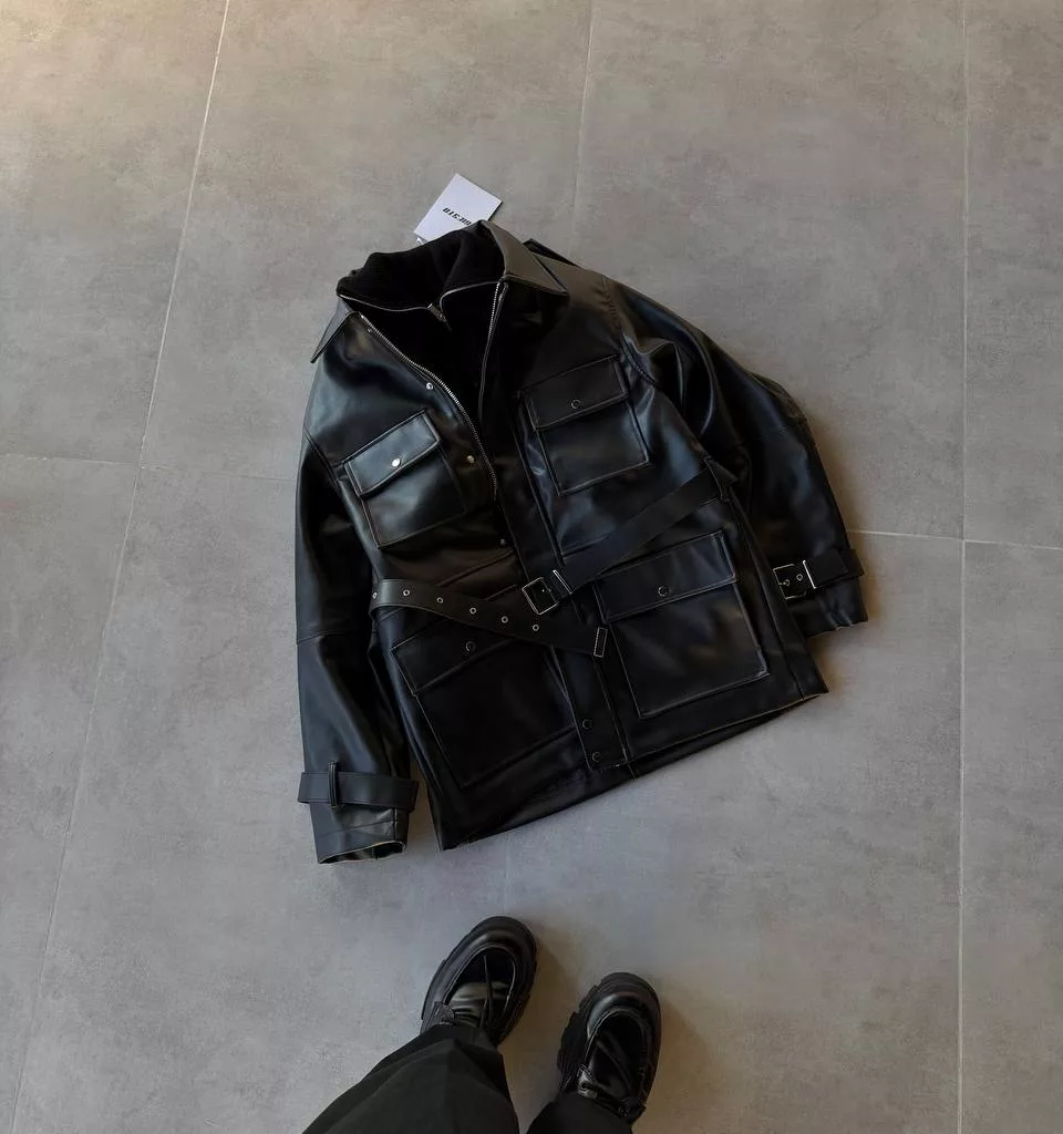 کت چرم جیب پاکتی بلند برند GİESTO رنگ مشکی