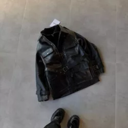 کت چرم جیب پاکتی بلند برند GİESTO رنگ مشکی