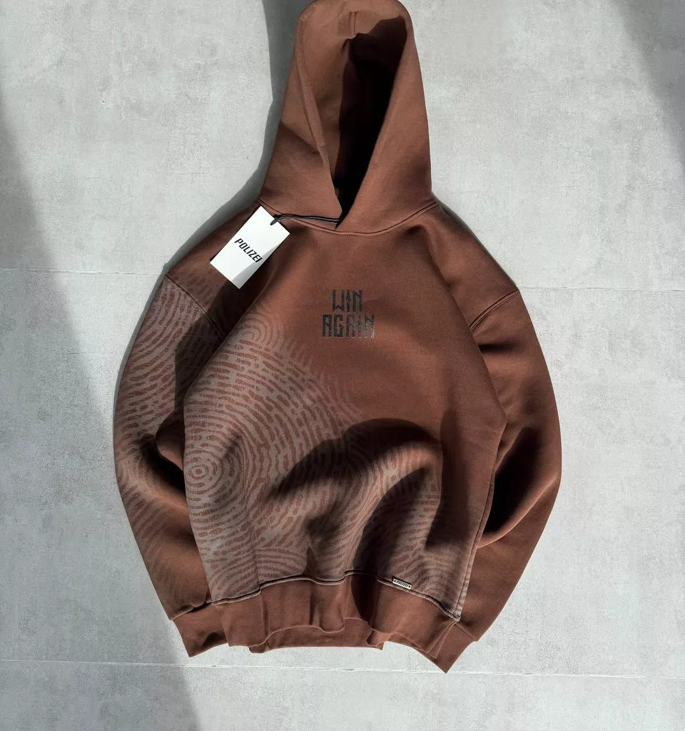 هودی مدل win again اثر انگشت برند پولیزی رنگ قهوه ای