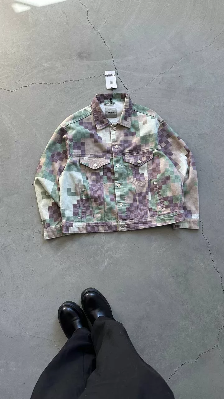 جکت جین شطرنجی برند 2y رنگ بنفش و سبز