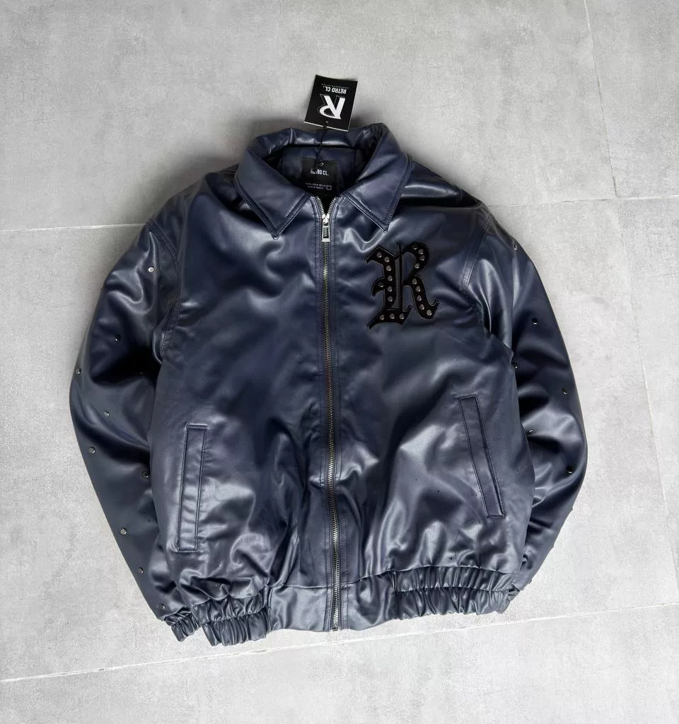 بایکر سرمه ای چرم میخی برند ریترو