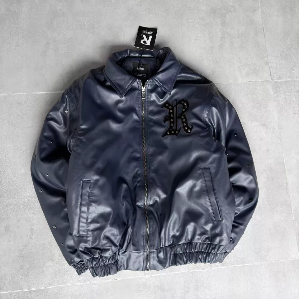 بایکر سرمه ای چرم میخی برند ریترو