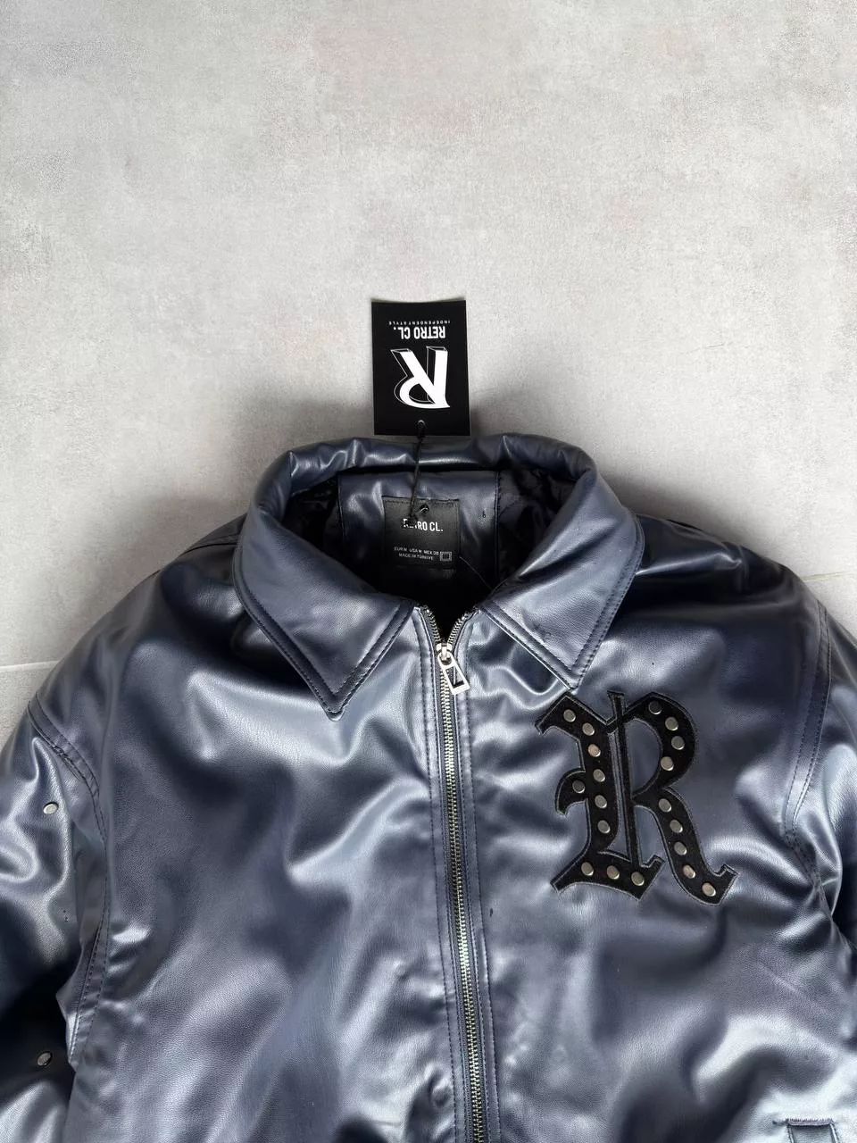 بایکر سرمه ای چرم میخی برند ریترو