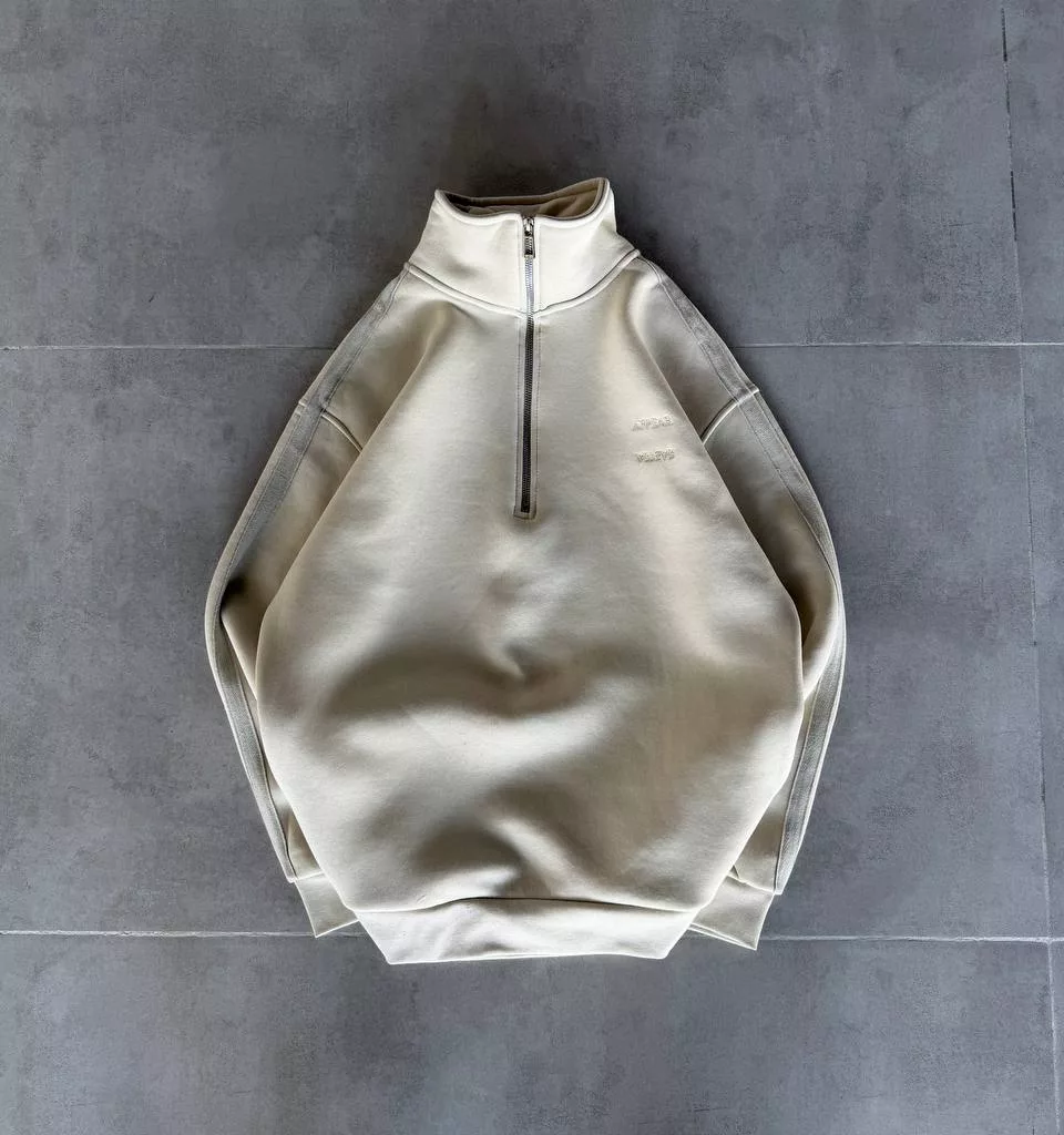 دورس نیم زیپ نوار دار بیسیک برند رترو رنگ کرم