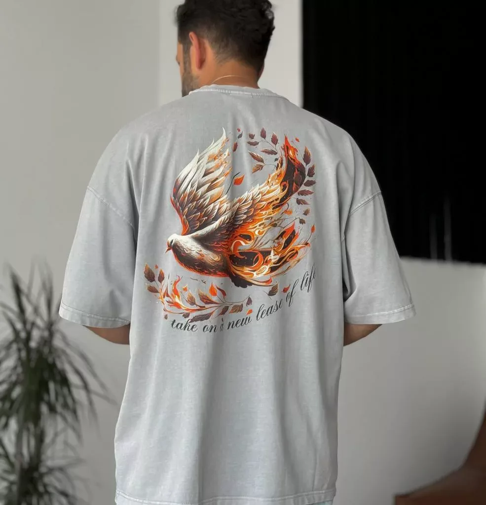 تیشرت رسپایرrespire مردانه -سنگشور طرح پرنده fire bird  -طوسی
